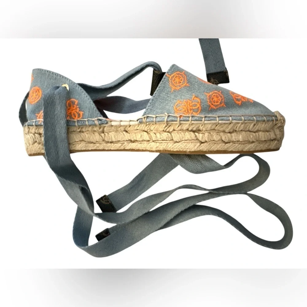 Guess Women's Jalene Tie Up Flat Espadrilles Denim Orange Nautical Print
